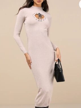 Elegant Long Sleeve Cutout Midi Dress in Light Beige